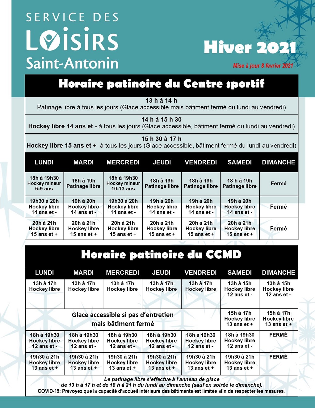 Horaire patinoires hiver 2021- maj 8 février (Auteur : Virginie)
