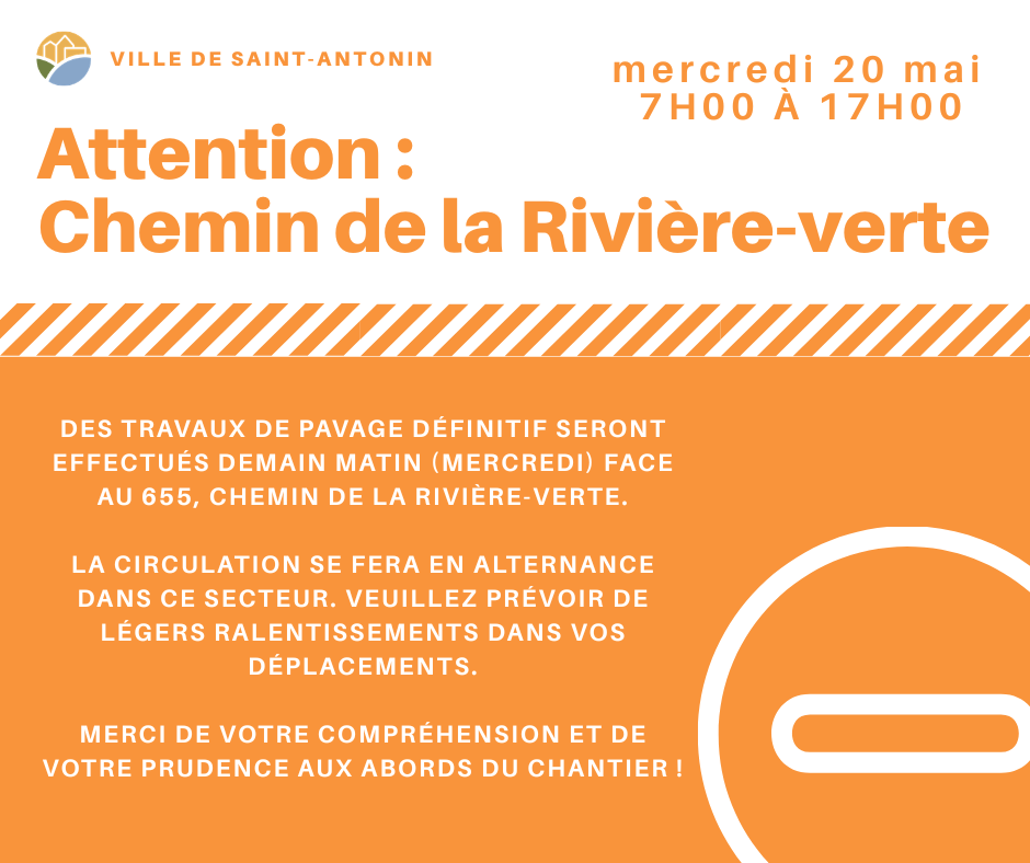 Mercredi 20 mai - travaux de pavage face au 655, chemin de la Rivière-Verte