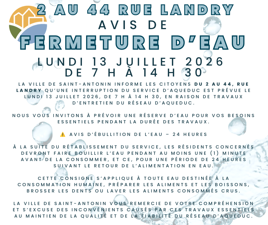 Fermeture d’eau - rue Landry - Lundi 13 juillet